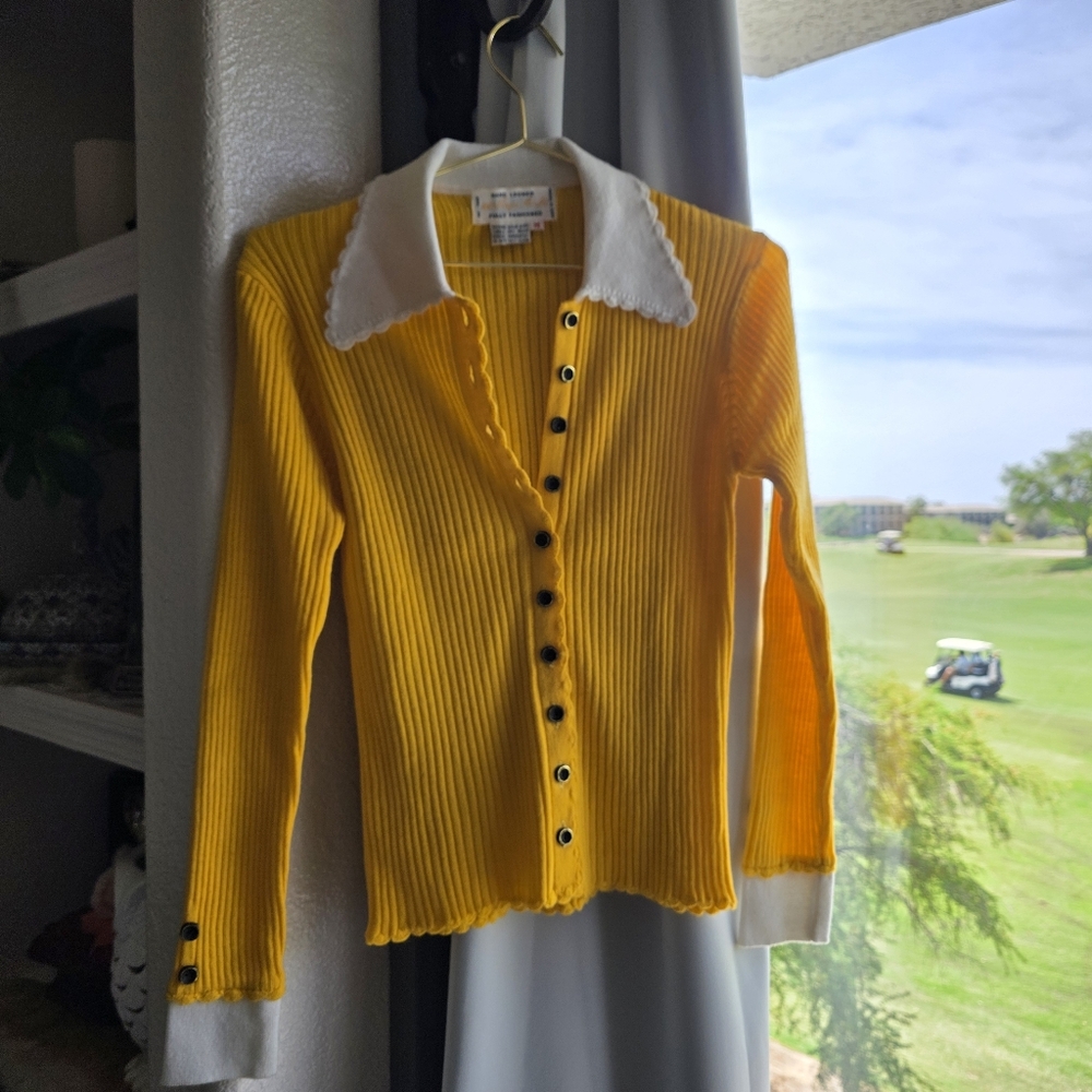 Vintage Hand Loomed Yellow White Ribbed Cardigan Button White Collar Medium